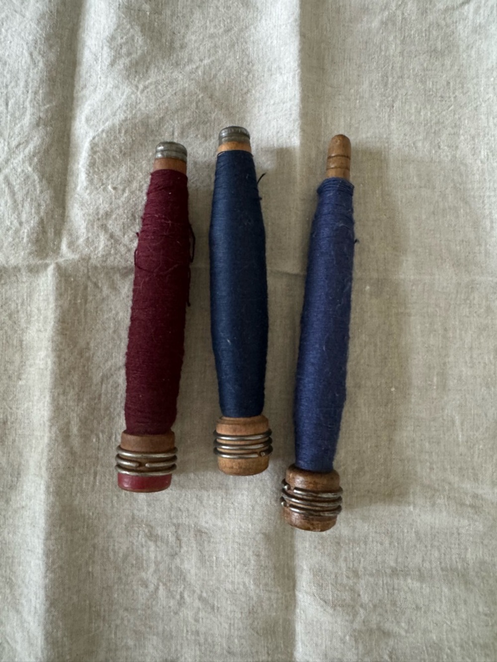 Set of 3 Vintage Wooden Thread Spools - Navy & Burgundy